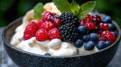 Delicious dessert bowl with creamy ice cream and mixed berries