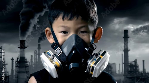 child with a gas mark in front of a dark sky full of smoke and pollution