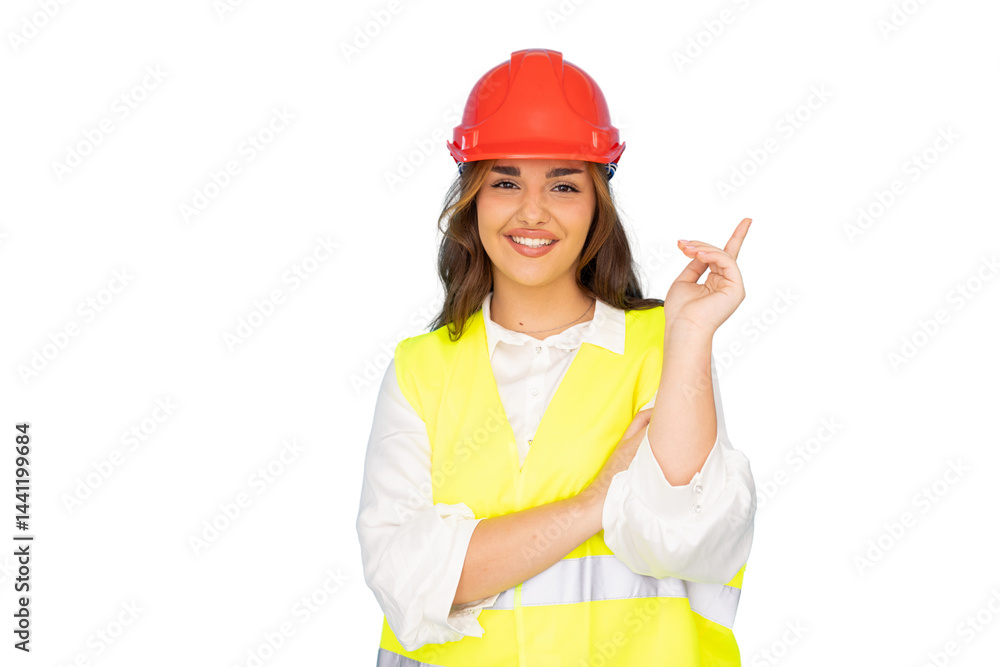 Young architect woman smiling and pointing up on a transparent background Young architect woman smiling and pointing up on a transparent background