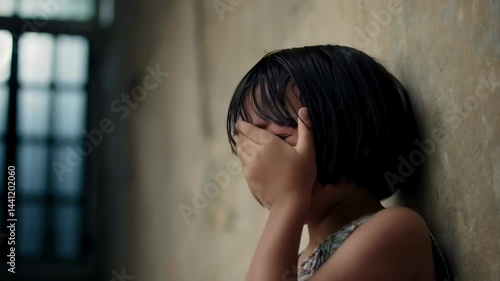 desperate child crying in front of a interior wall