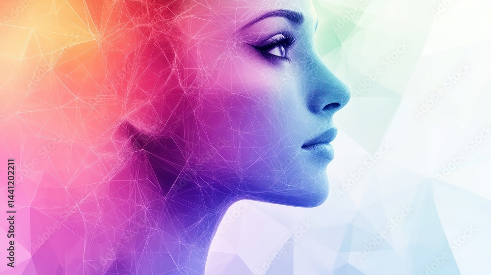 Fototapeta premium Colorful artistic profile of a woman, abstract digital art, background, design for beauty concepts