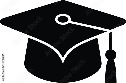 Black and white bold vector of a graduation cap, isolated on white background.