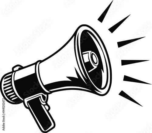 Black and white bold vector of a megaphone shouting, isolated on white background.