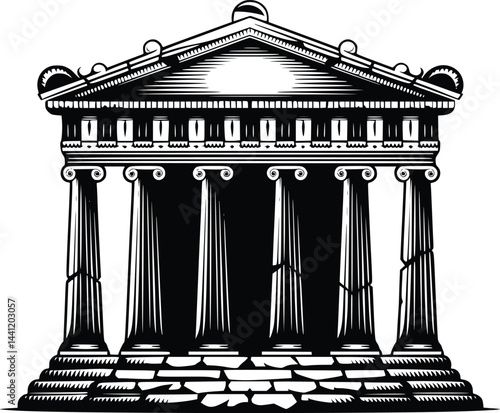 Black and white bold vector of a ancient temple, isolated on white background.