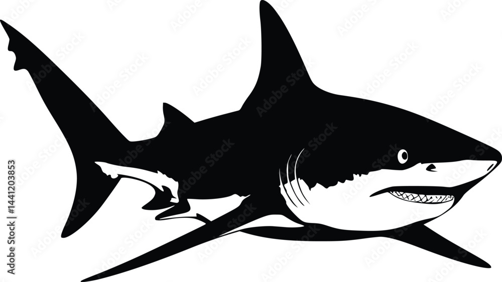 Fototapeta premium Black and white bold vector of a hammerhead shark, isolated on white background.