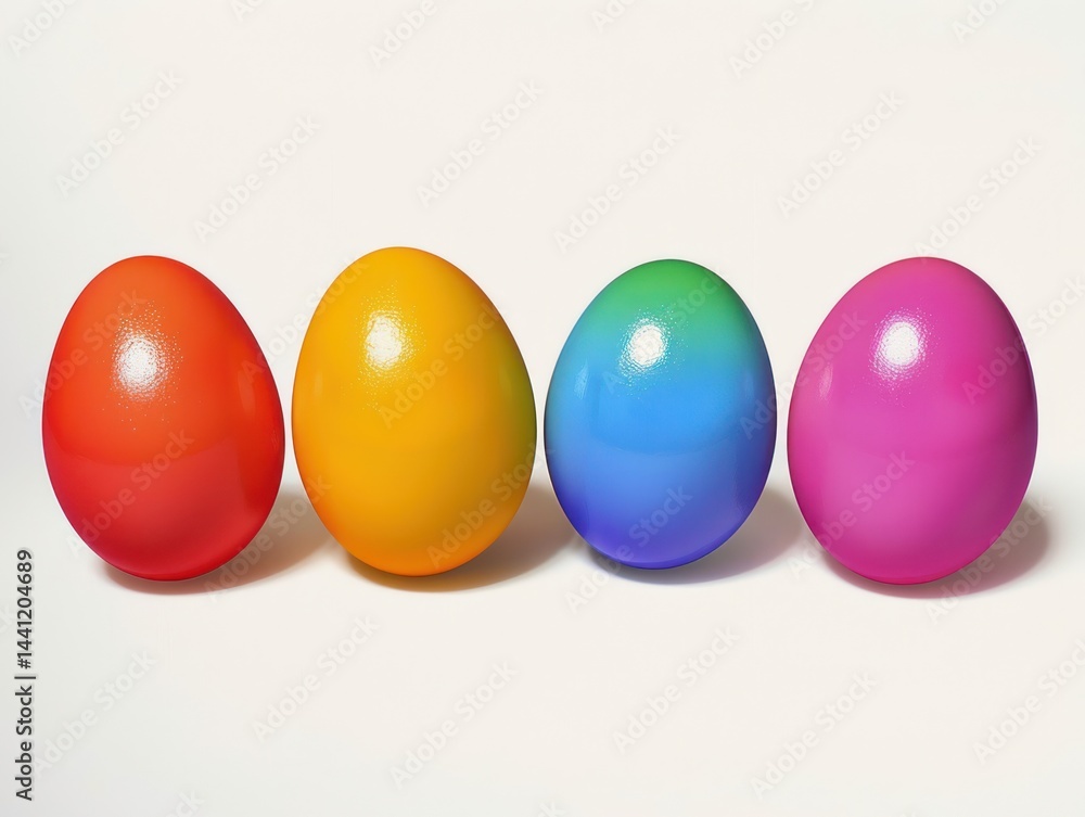 Four shiny eggs in a row with smooth glossy surfaces in red, yellow, blue-green, and pink colors on a plain light background Four shiny eggs in a row with smooth glossy surfaces in red, yellow, blue-green, and pink colors on a plain light background