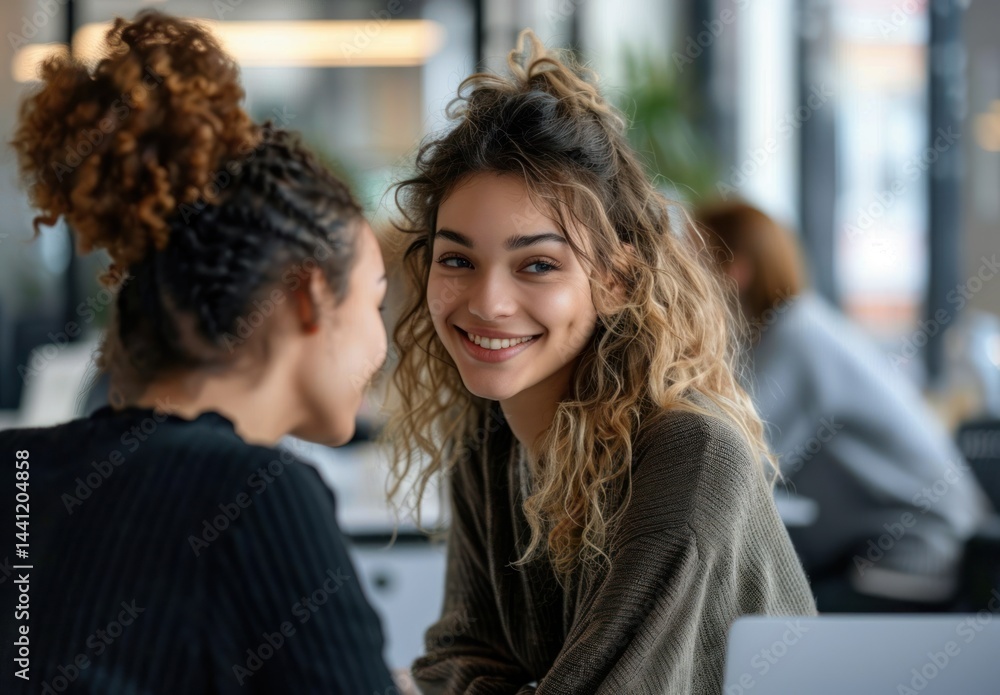 Two women with curly hair in a casual indoor setting engaged in conversation with blurry background and soft natural lighting Two women with curly hair in a casual indoor setting engaged in conversation with blurry background and soft natural lighting