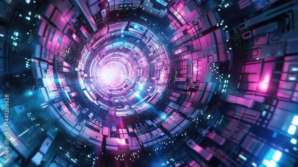 Abstract picture of mysterious geometric shape portal with digital style neon light glowing to leading, create futuristic visual ideal for design science fiction wallpaper or cyberpunk graphic. AIG53. Abstract picture of mysterious geometric shape portal with digital style neon light glowing to leading, create futuristic visual ideal for design science fiction wallpaper or cyberpunk graphic. AIG53.