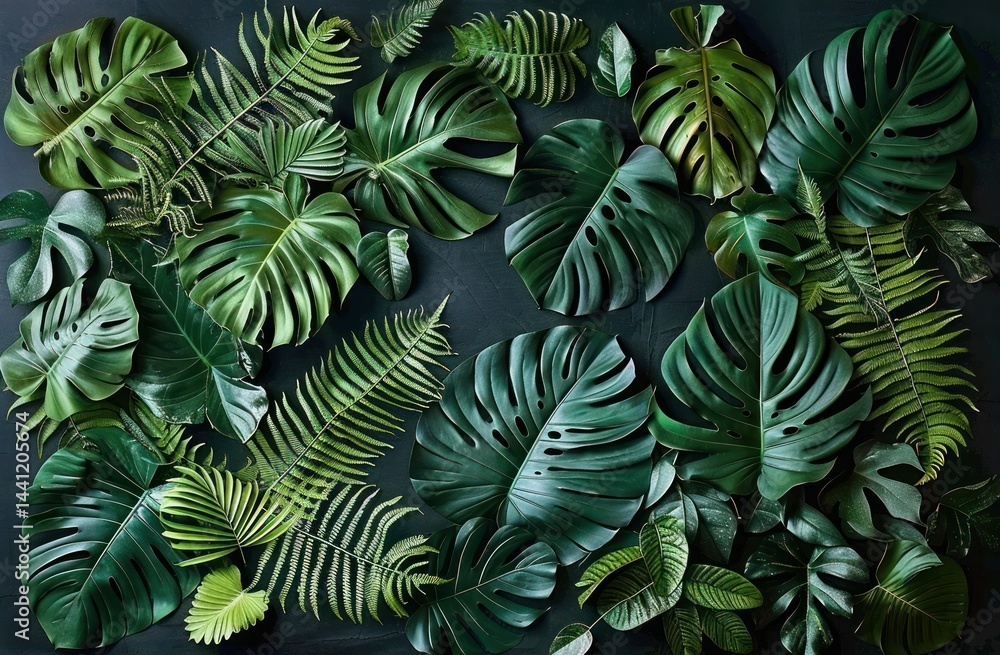 Various tropical green leaves including monstera and fern arranged on a dark surface conveying freshness and natural beauty Various tropical green leaves including monstera and fern arranged on a dark surface conveying freshness and natural beauty