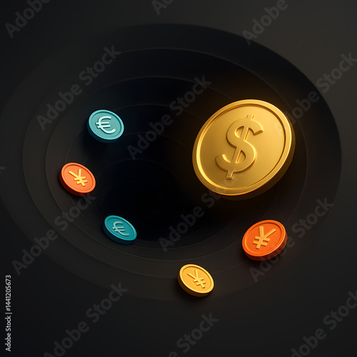 Symbolic concept of financial gravity — dollar pulling global currencies in powerful economic influence