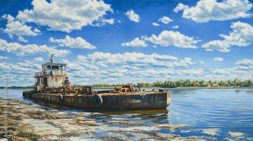 Naklejka premium Rusty barge on riverbank