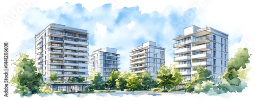 Watercolor painting of modern apartment buildings.  Luxury high rise condos.