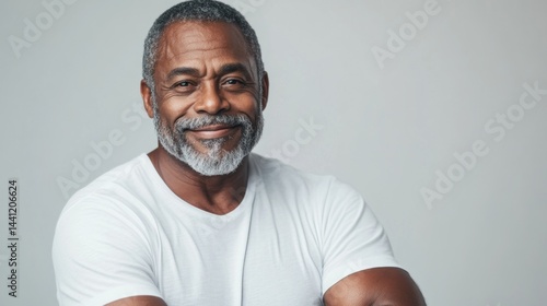 A middle-aged black man, his face etched with wisdom, exuded an air of confidence as he crossed his arms, his graying hair framing a kind smile against the pristine white backdrop of his t-shirt