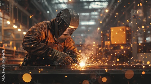 Industrial worker welding metal in a large factory.