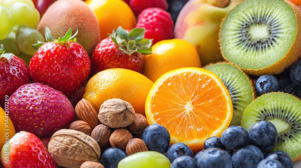 Vibrant assortment of fresh fruits and nuts creating a colorful organic pattern Vibrant assortment of fresh fruits and nuts creating a colorful organic pattern
