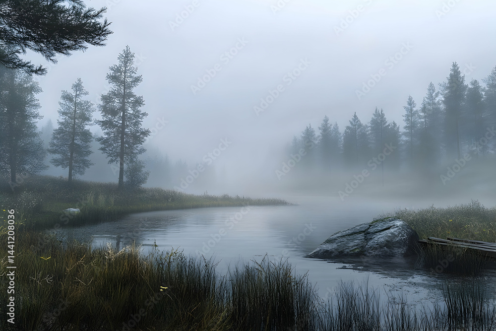 Fototapeta premium Misty lake scene in a tranquil forest.