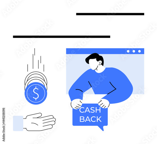Coins falling into a hand, a male figure holding a cash back message in front of a web browser window. Ideal for finance, e-commerce, savings, refunds, online shopping, financial services, simple
