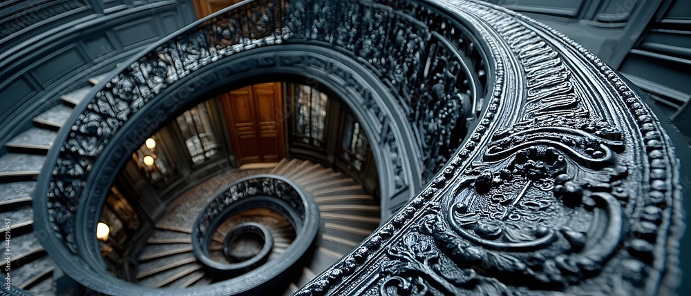 Winding gray staircase symbolizes life's complexity, blending choices and experiences beyond black and white. Its curves embody uncertainty and growth, making it an inspiring, reflective background. Winding gray staircase symbolizes life's complexity, blending choices and experiences beyond black and white. Its curves embody uncertainty and growth, making it an inspiring, reflective background.