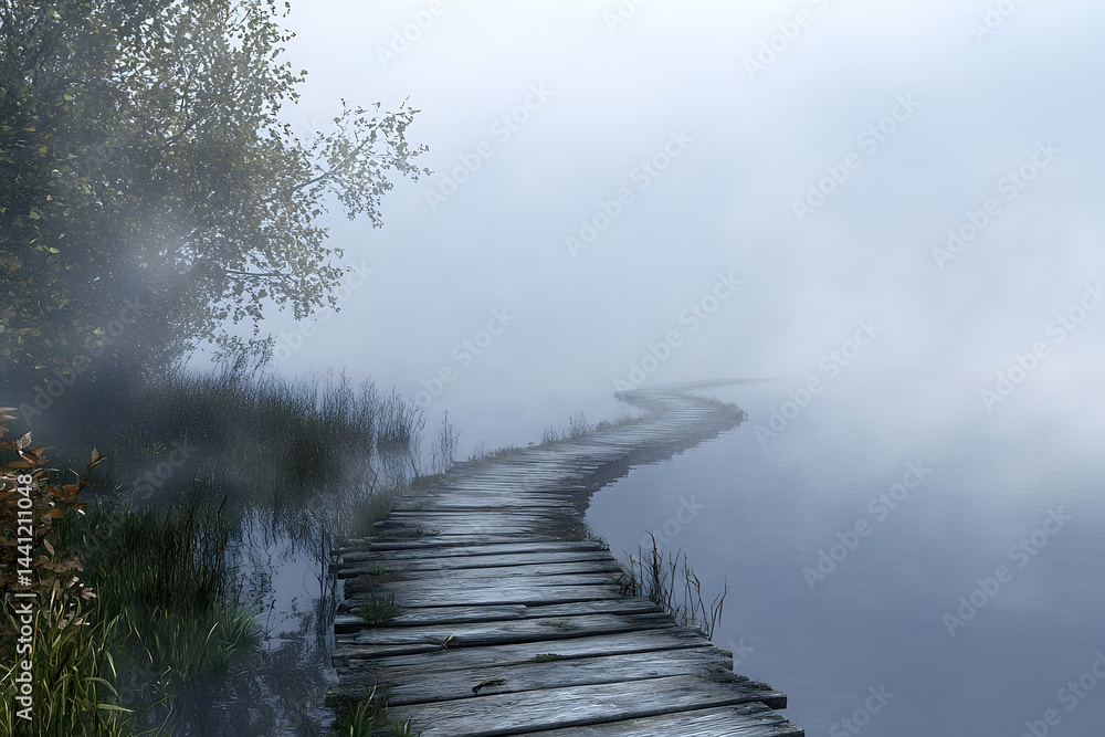 Fototapeta premium Misty wooden walkway curving through a tranquil lake.