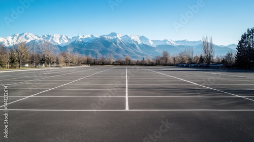Empty parking lot with snow-capped mountains in the background on a sunny day.
