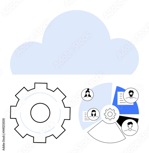 Cloud storage icon above settings gear and pie chart with user avatars. Ideal for teamwork, technology, data sharing, project management, data analysis, workflow, simple landing page