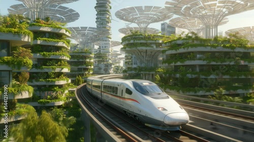 Futuristic highspeed train navigating lush green urban scape with solar structures