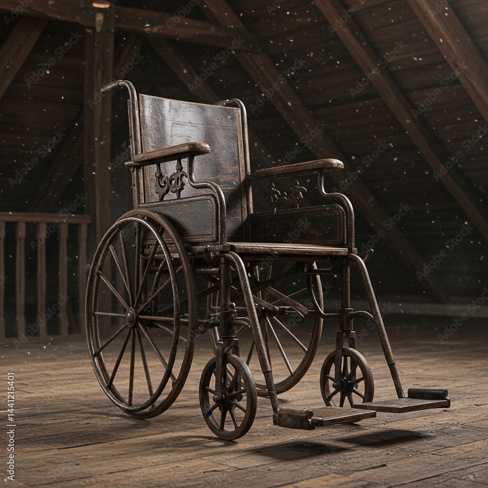 Fototapeta premium Vintage Wheelchair in Attic Room with Wooden Floor Boards