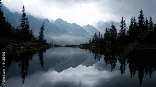 Misty mountain lake. Peaks emerge amid clouds, reflection on water. Pine trees line shore