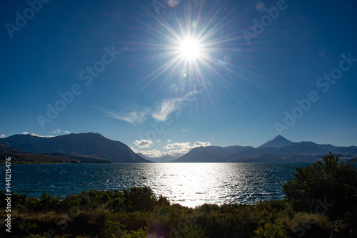 sunset at lago huechulafquen lake with volcano Lanin at Lanin national park, patagonia, Argentina