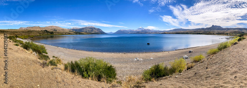 panoramic view of lago huechulafquen and peak of lanin volcano at lanin national park, patagonia, argentina