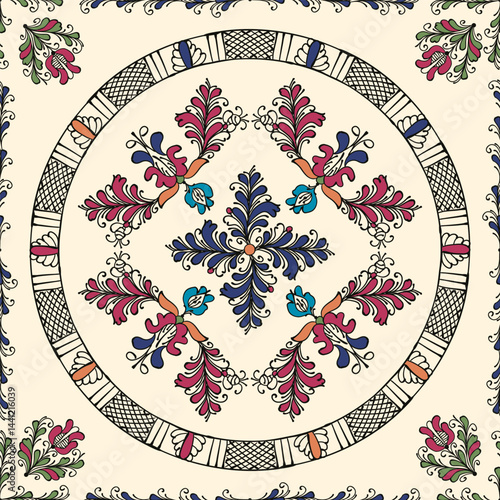 Decorative background illustration inspired from Korond, Transylvania traditional ceramics, tile works and pottery. Editable seamless vector pattern.