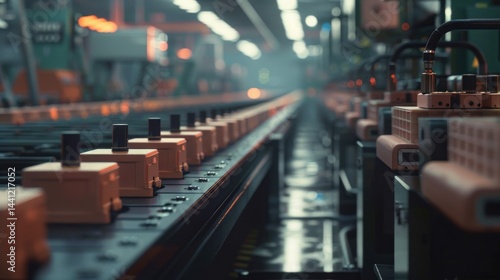 Wallpaper Mural automated manufacturing assembly line with conveyor belt and robotic machinery in an industrial facility with focused lighting and depth of field, conveying precision and efficiency Torontodigital.ca