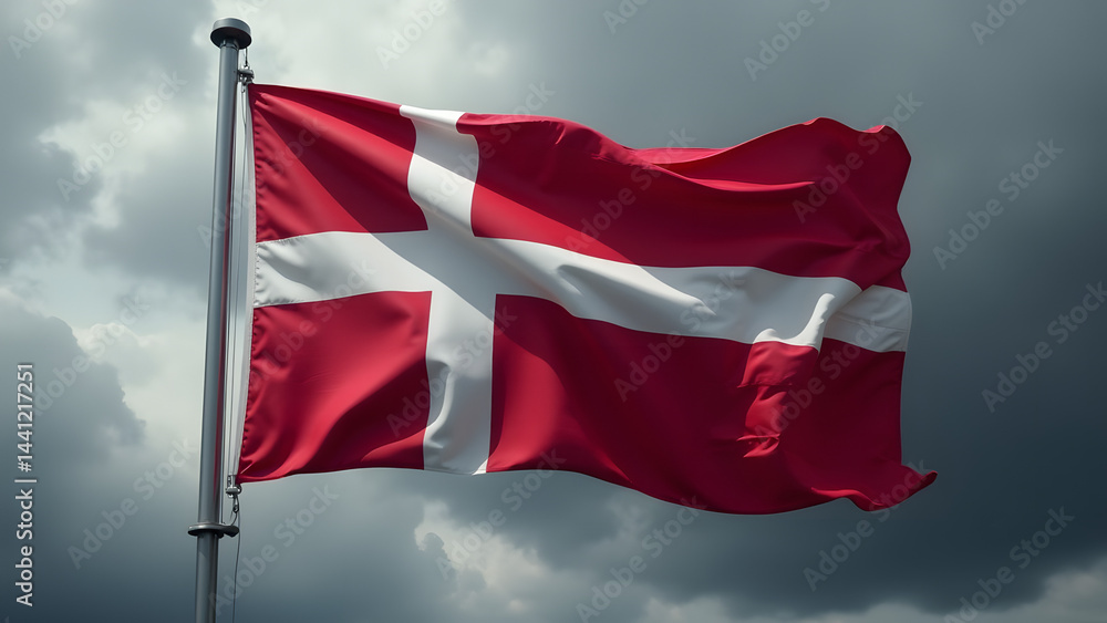 Naklejka premium Powerful HD image of Denmark's cross flag waving defiantly against stormy skies. White cross on red field glows against dark clouds.
