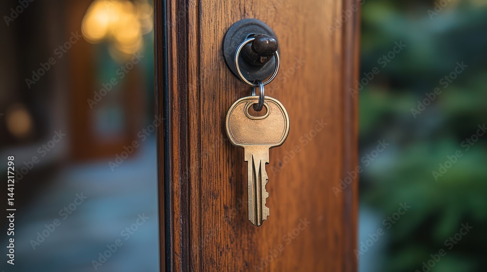 Fototapeta premium Key to New Beginnings: Front Door Unlock Symbolizing Opportunities Ahead