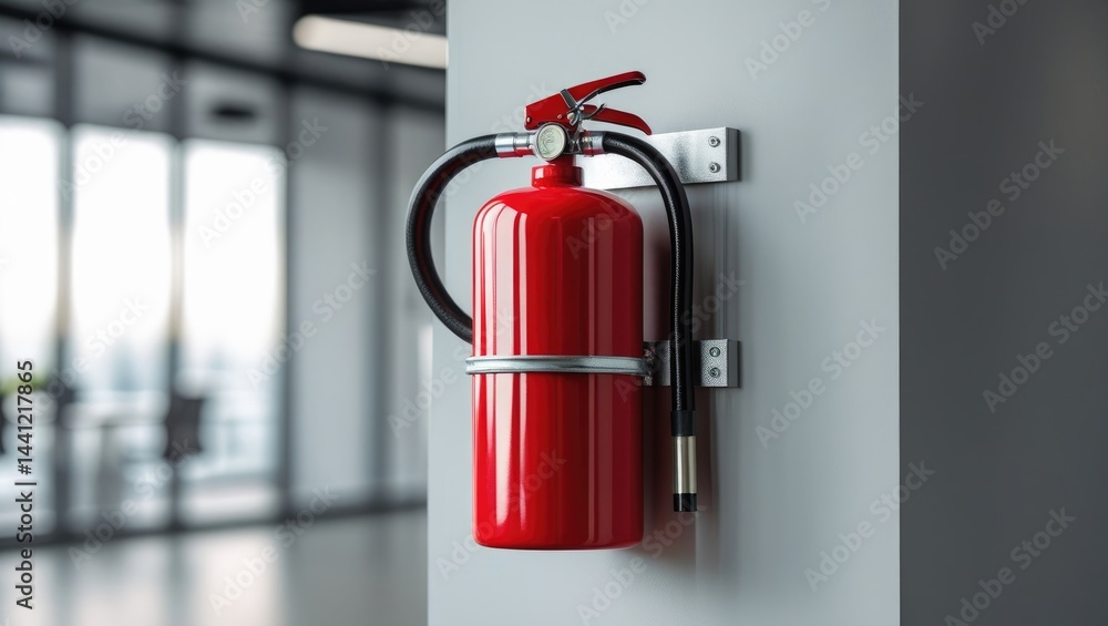 A red fire extinguisher mounted on a wall in a modern office space, symbolizing safety and fire prevention A red fire extinguisher mounted on a wall in a modern office space, symbolizing safety and fire prevention