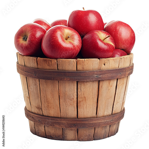 Wooden bushel basket filled with apples. Isolated white background. Png format