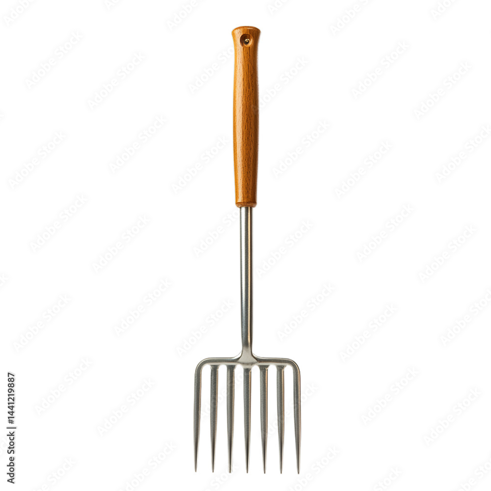 Obraz premium Classic steel pitchfork with wooden handle. Isolated white background. Png format
