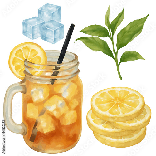 Watercolor ice lemon tea set clip art. A pack of freshness moment with ice cubes, lemon slices, tea leaves and a glass of ice lemon tea illustration for summer tea time.