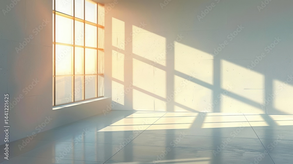 Empty room illuminated by warm sunlight through large grid window casting geometric shadows on clean tiled floor and plain walls creating a calm and serene atmosphere Empty room illuminated by warm sunlight through large grid window casting geometric shadows on clean tiled floor and plain walls creating a calm and serene atmosphere