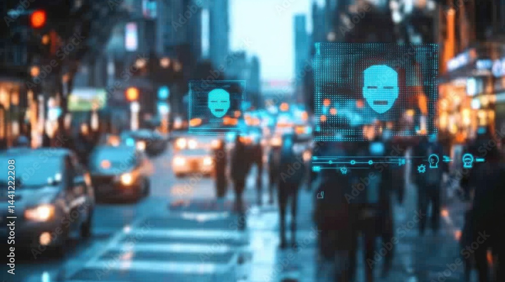 Advanced AI surveillance system with facial recognition overlays and real-time data streaming in a smart city Advanced AI surveillance system with facial recognition overlays and real-time data streaming in a smart city