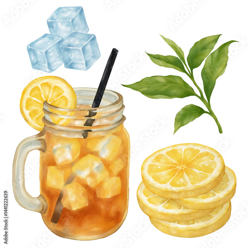 Set of watercolor ice lemon tea clip art with ice cubes, tea leaves, and lemon slices illustration for summer tea time.