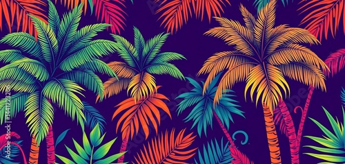 Vibrant retro tropical jungle palm tree pattern, hand-drawn in traditional Indian tapestry style,  print,  seamless pattern