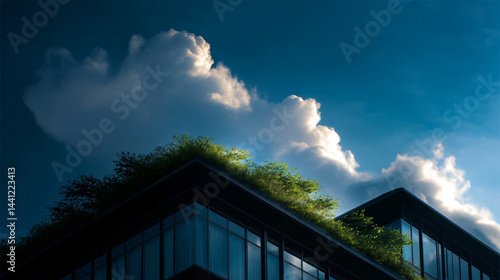 Modern glass office building with green rooftop garden, blending architecture and nature, set against a bright blue sky with fluffy clouds photo