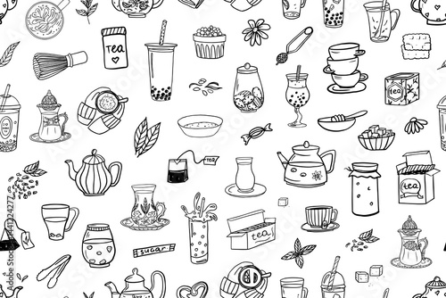 Samless pattern of tea theme elements. Bubble tea, matcha tea, Turkish tea cups. Vector illustration EPS10. Hand drawn 
