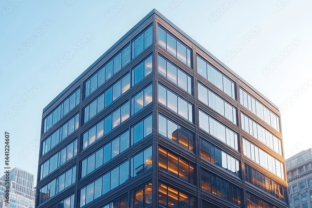 A sleek, modern office building with large windows reflecting the city lights at sunset A sleek, modern office building with large windows reflecting the city lights at sunset