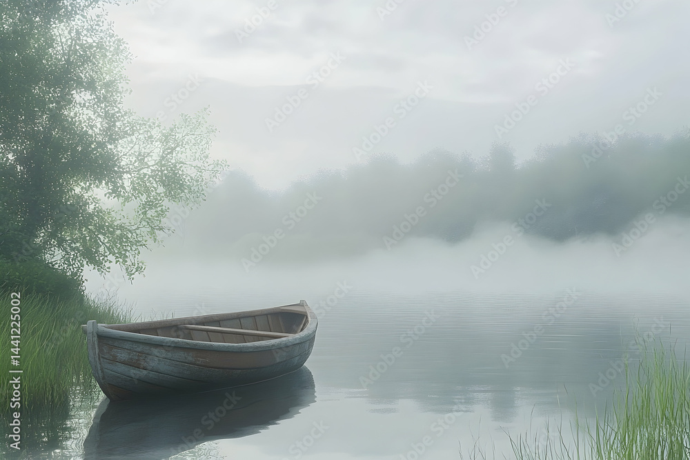 Fototapeta premium Misty morning scene with a lone rowboat.