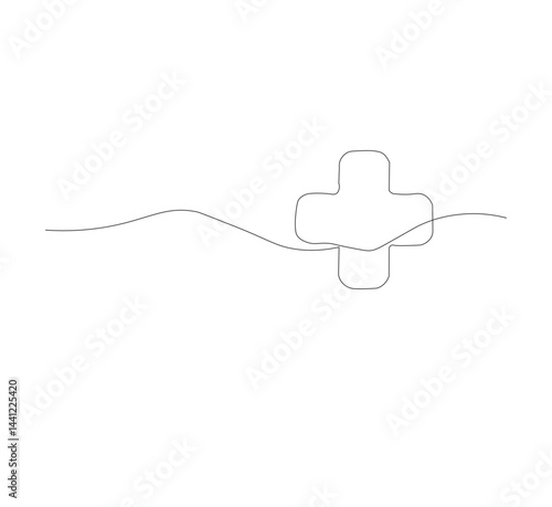 Medical cross continuous line drawing, white background, Line art. Plus sign. Logo icon concept. Vector illustration.