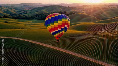 Colorful hot air balloon gliding over scenic rolling hills at sunrise