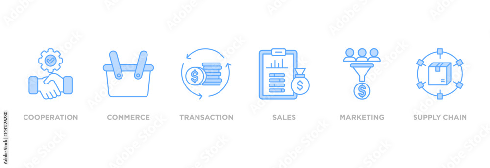 B2B - Business to business banner web icon vector illustration concept with icon of cooperation, commerce, transaction, sales, marketing, supply chain B2B - Business to business banner web icon vector illustration concept with icon of cooperation, commerce, transaction, sales, marketing, supply chain