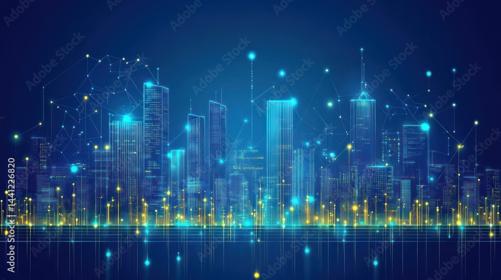Futuristic city skyline with glowing network connections. Futuristic city skyline with glowing network connections.
